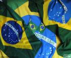 Brezilya bayrağı oluşan bir dikdörtgen yeşil, sarı bir rhombus, sloganı "ORDEM E PROGRESSO" ve beyaz renk 27 yıldız ile beyaz bir bant ile mavi bir daire tarafından